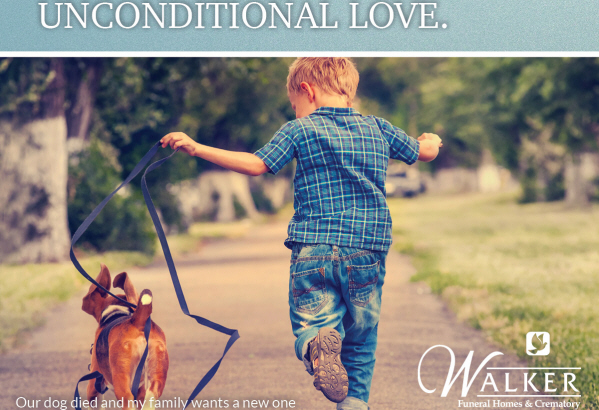 A child in a plaid shirt running down a path holding a leash attached to a small dog, with the text 
