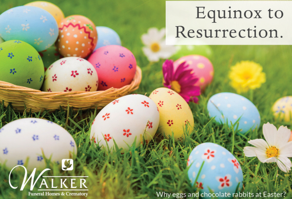 A basket of colorful, patterned Easter eggs sits in green grass with flowers and text reading 