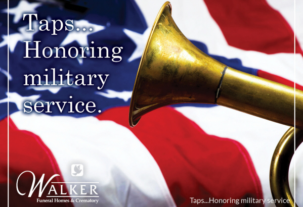 A brass bugle against an American flag background with the text: 
